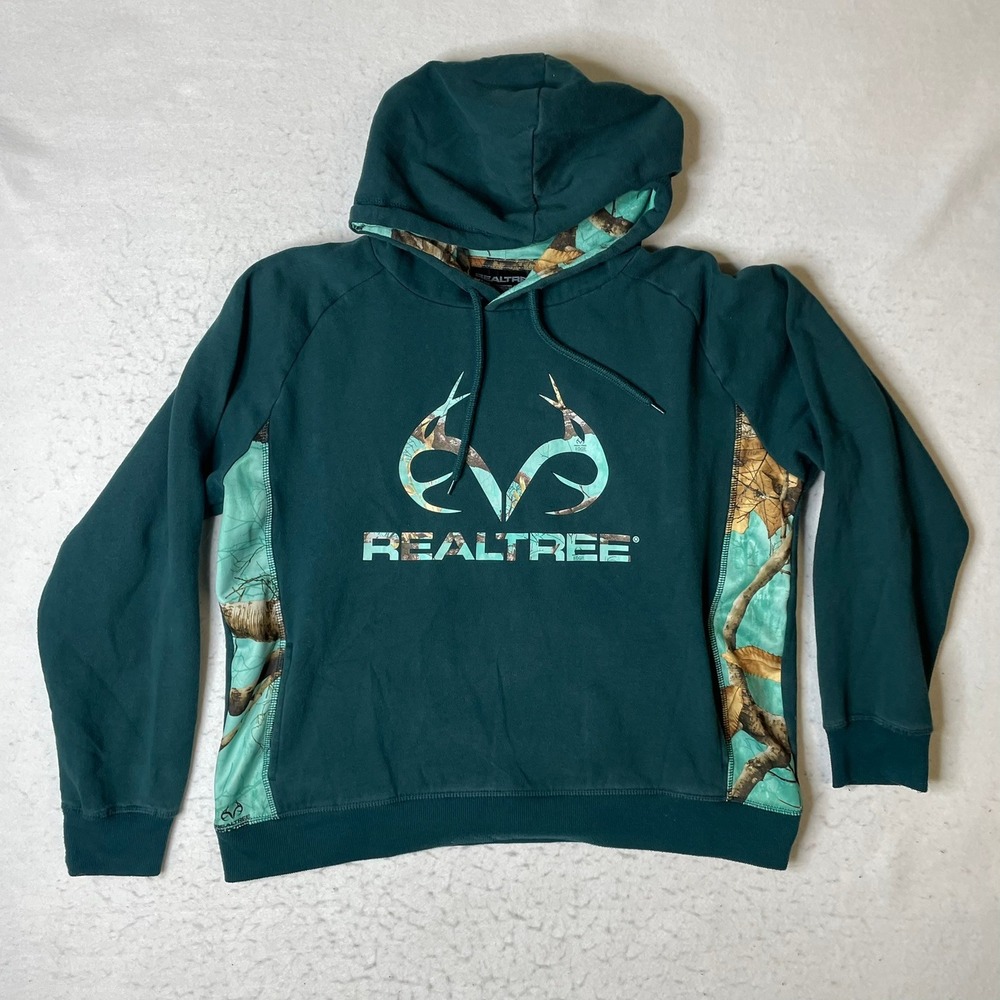 Realtree Camo Trim Hoodie Teal Green Hooded Sweatshirt Pullover Mens L‎